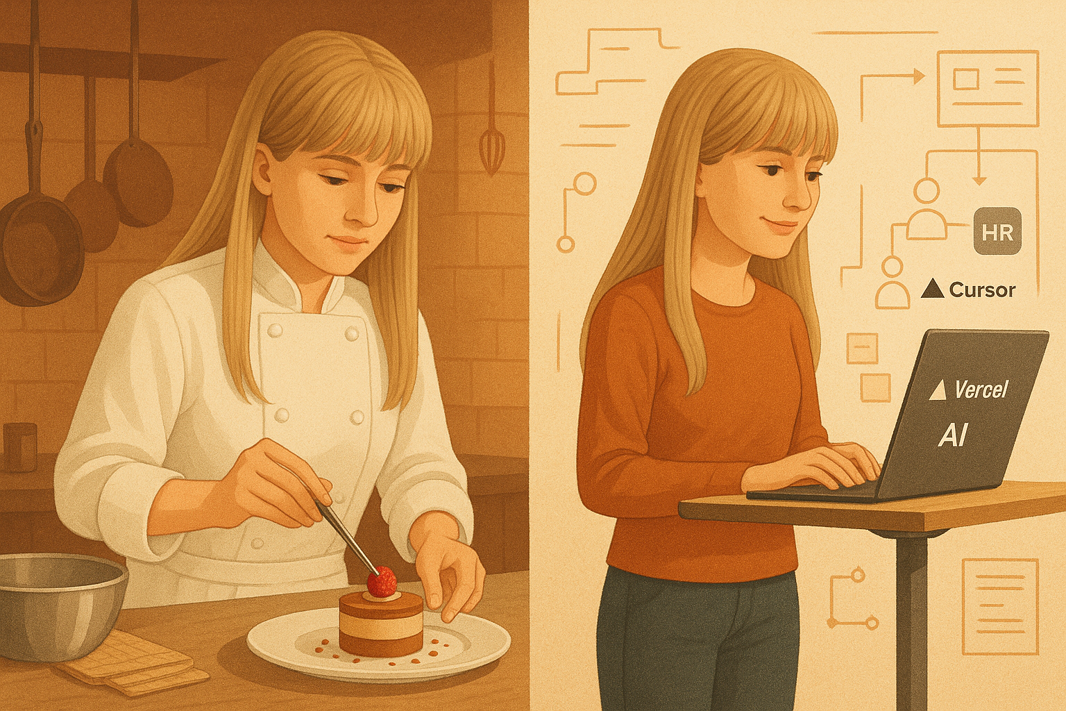 My journey from professional kitchen to tech - illustration showing the same person working as a chef decorating a dessert on the left, and working with HR tech tools on the right